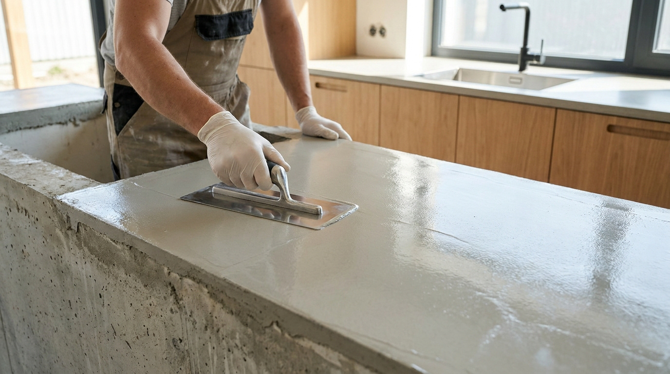 Un artisan en tenue de travail lisse du béton ciré sur un plan de travail de cuisine avec une taloche métallique.