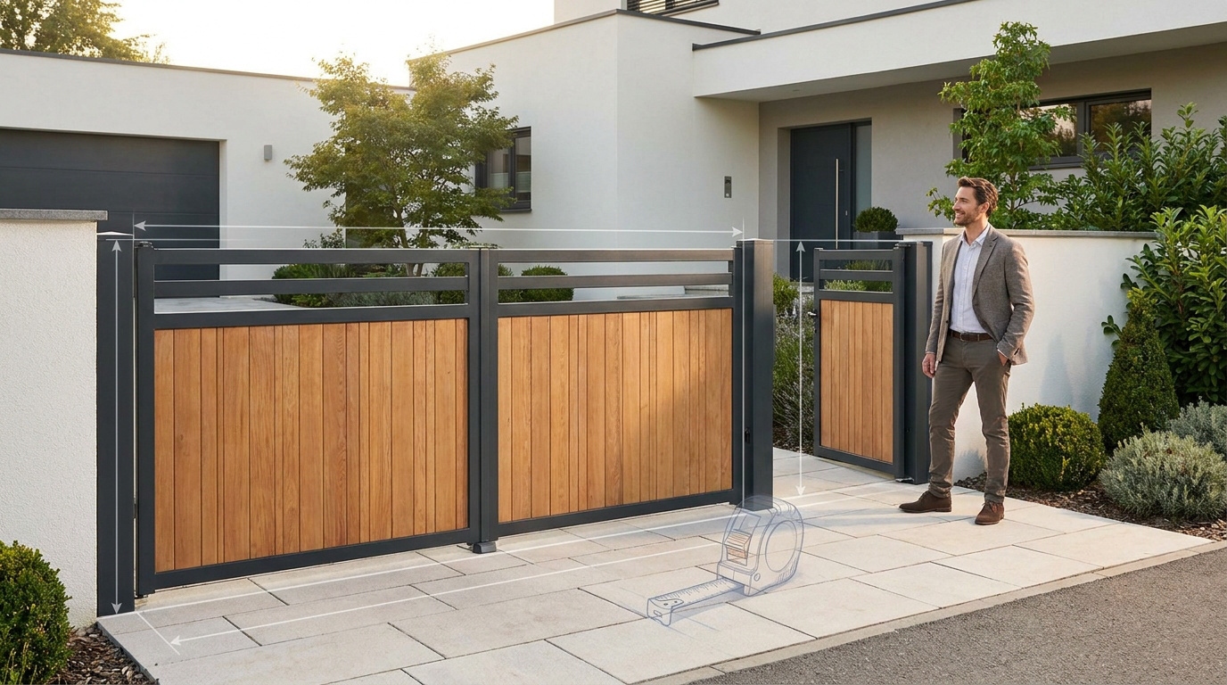 Homme mesurant un portail moderne en aluminium et bois devant une maison contemporaine.