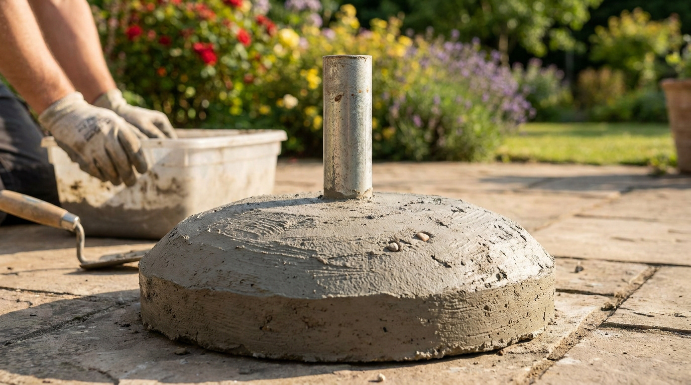 Pied de parasol en béton frais en cours de réalisation sur une terrasse de jardin.