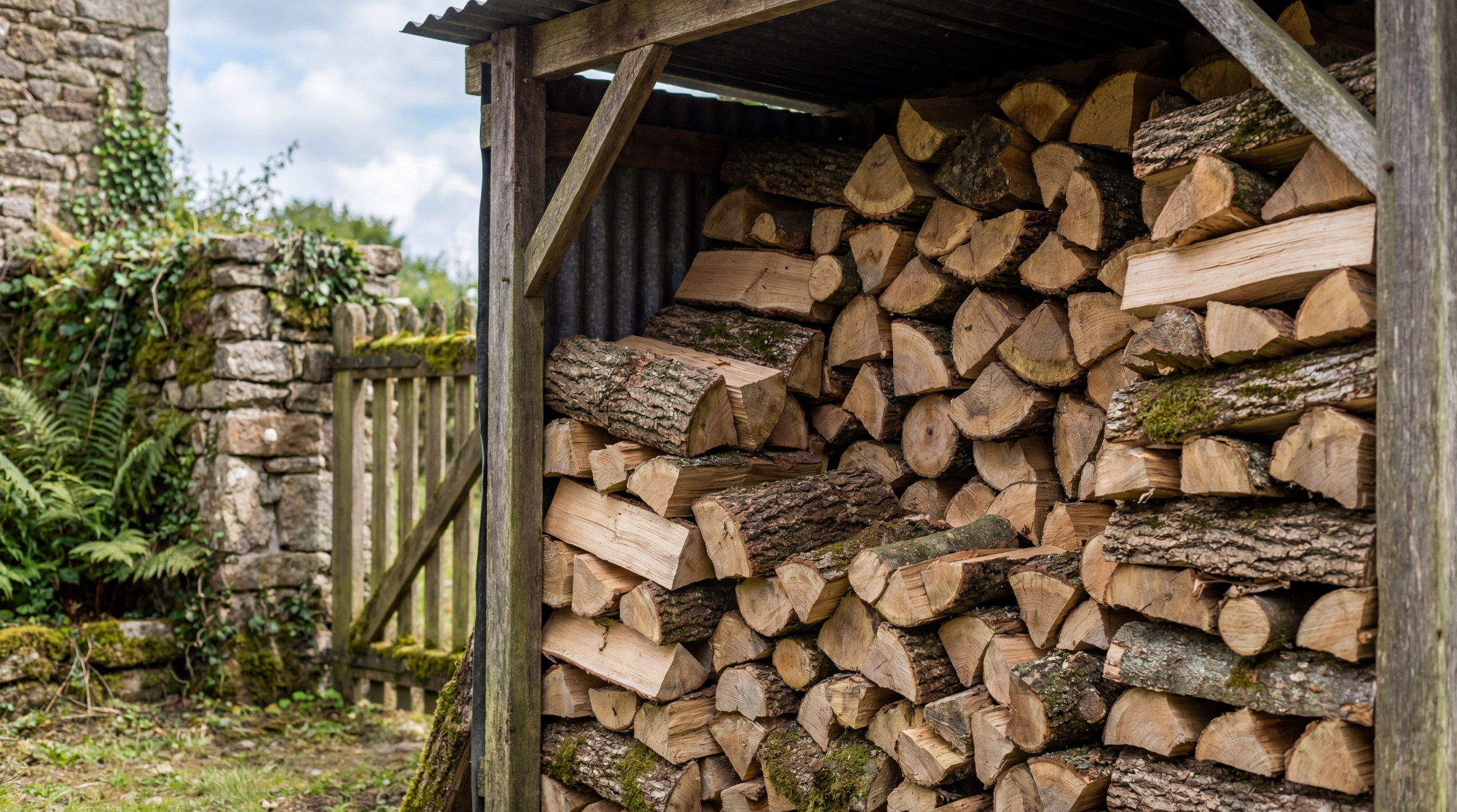 Bûches de bois empilées soigneusement sous un abri en bois à côté d'un vieux mur en pierre breton.