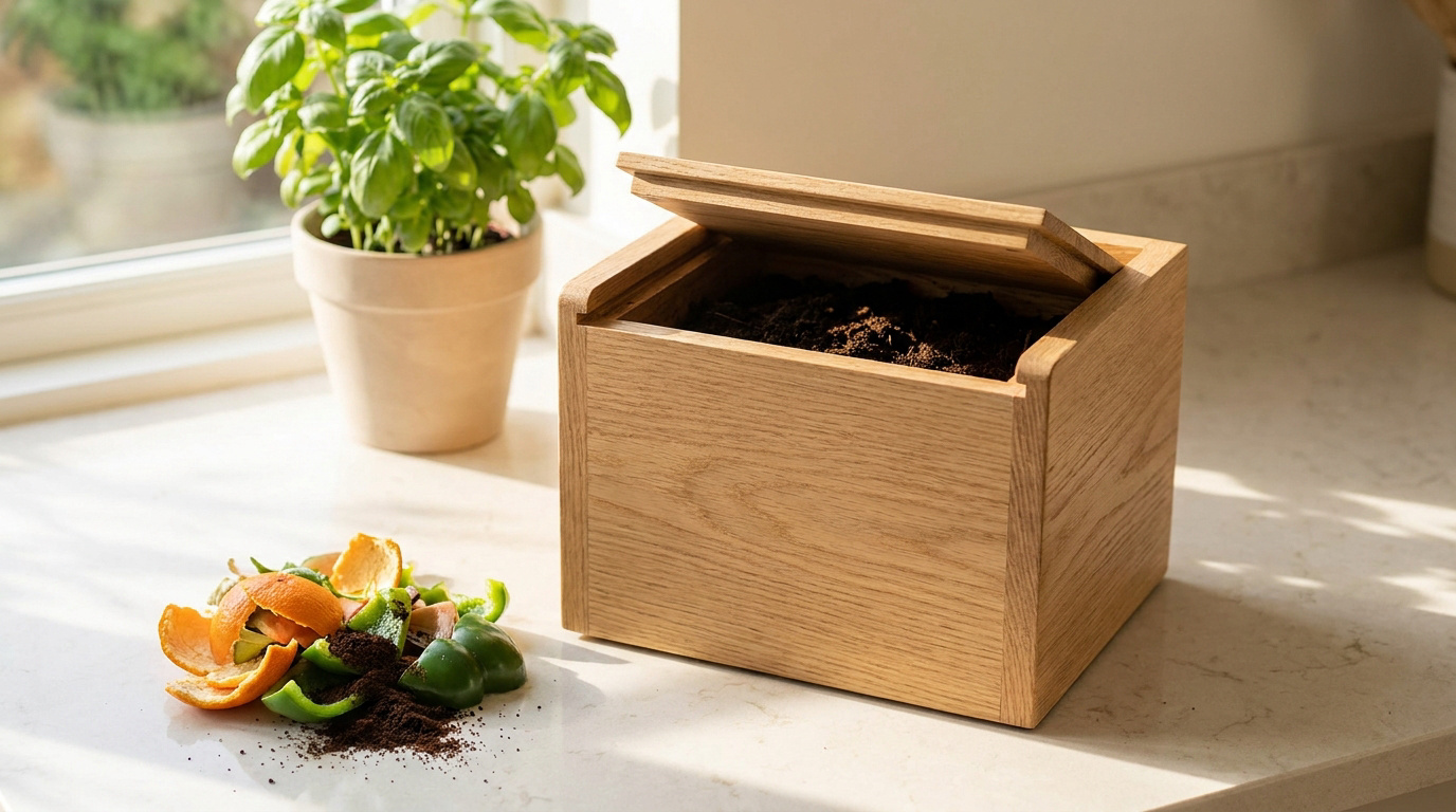 Un petit composteur en bois ouvert sur un comptoir de cuisine, à côté de restes de légumes et d'une plante en pot.