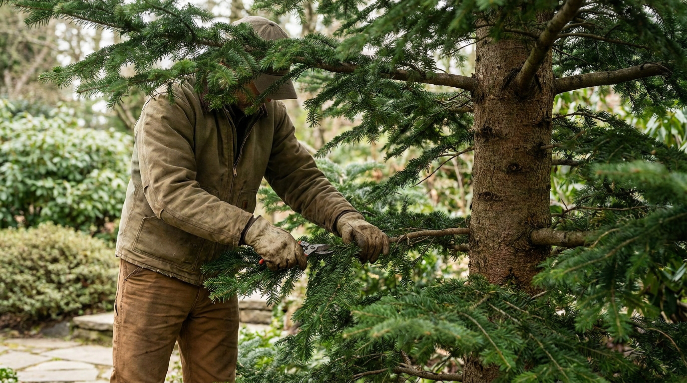 Un jardinier portant des gants et une veste en toile taille délicatement une branche de sapin avec un sécateur.