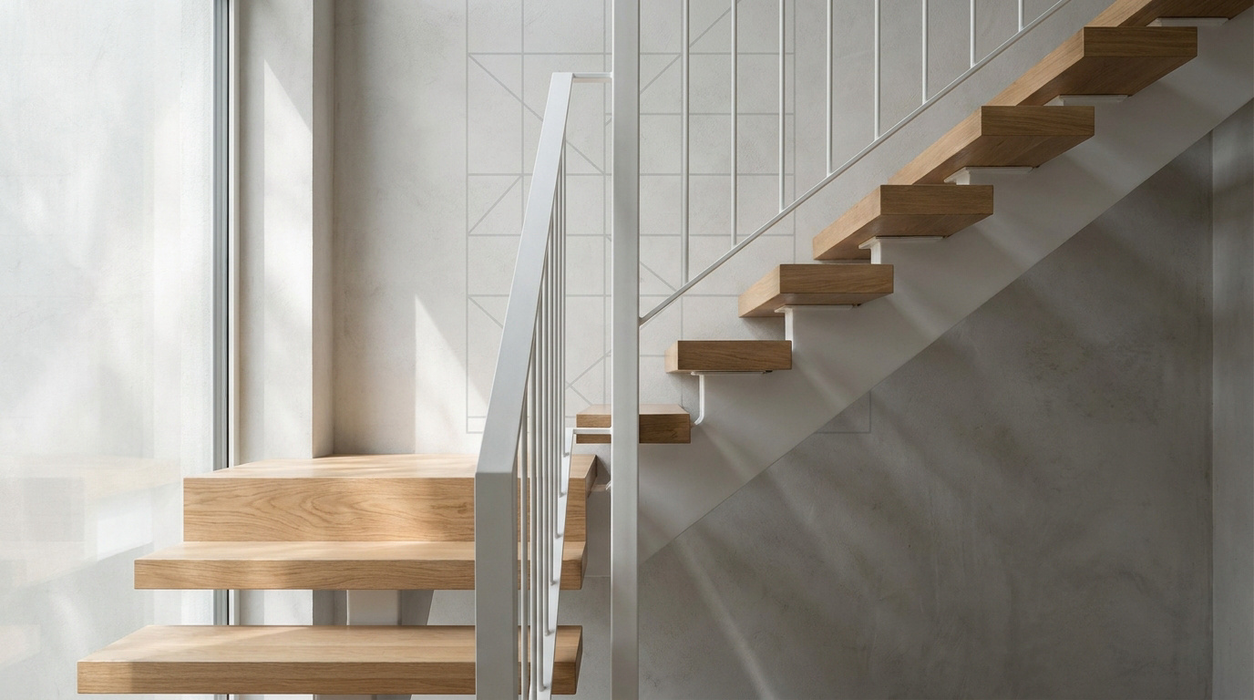 Escalier intérieur moderne avec marches en bois clair, structure blanche et rampe fine dans une pièce lumineuse.