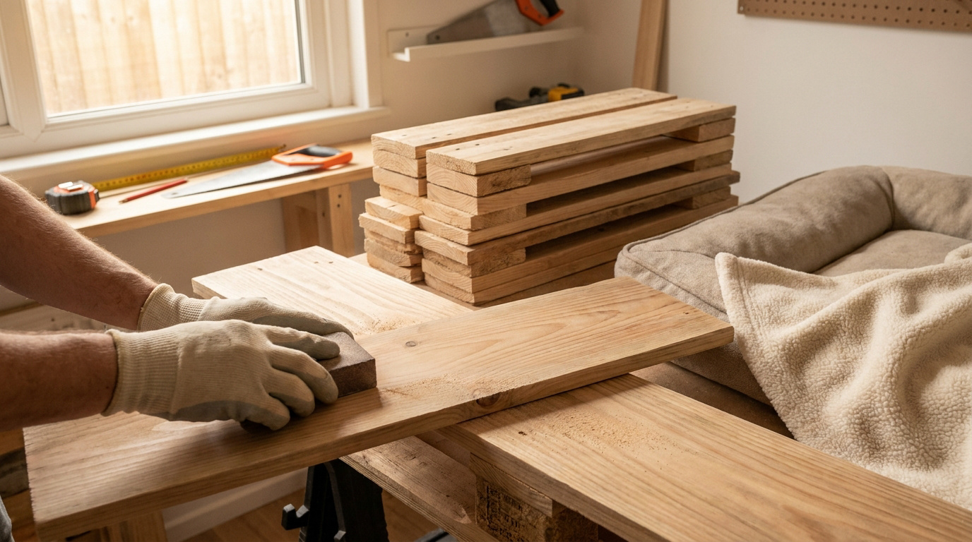 Une personne ponce une planche de bois avec un bloc abrasif dans un atelier pour fabriquer un panier pour chien.