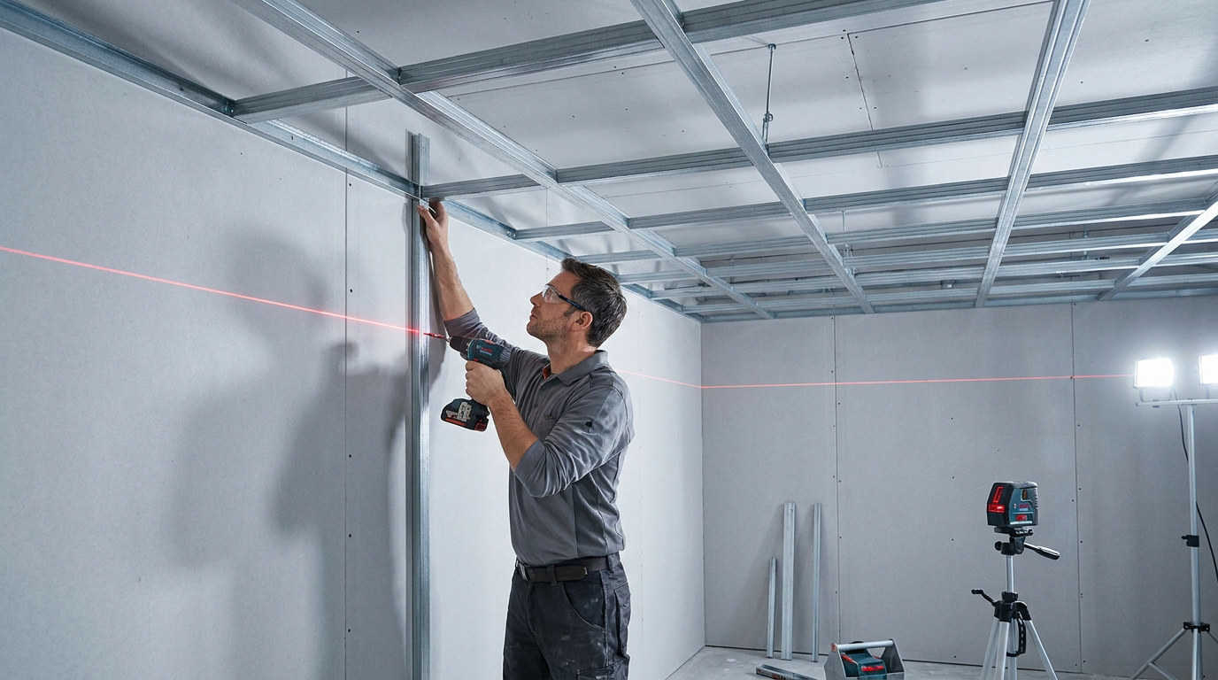 Un artisan installe une ossature métallique pour faux plafond en utilisant un niveau laser pour une pose précise.
