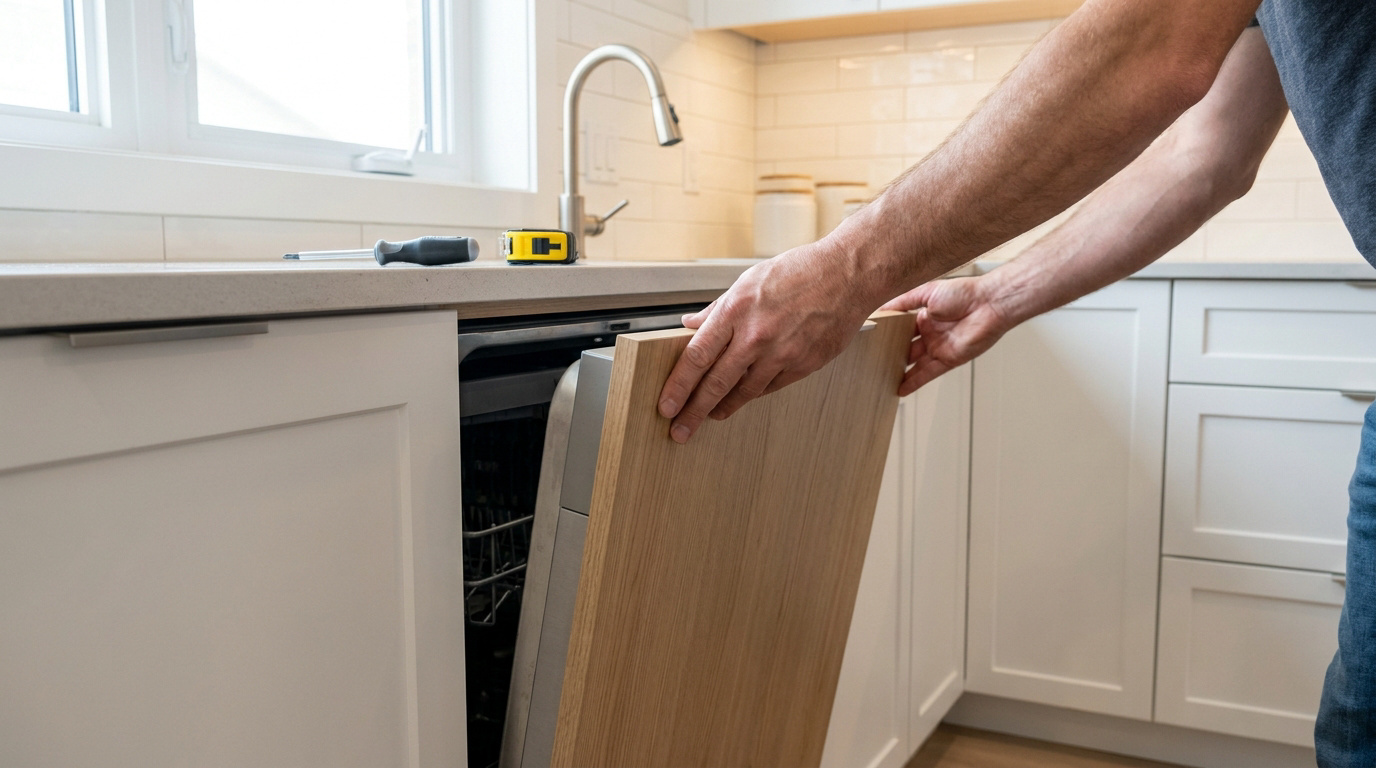Gros plan d'un homme installant une façade en bois sur un lave-vaisselle encastrable dans une cuisine moderne.