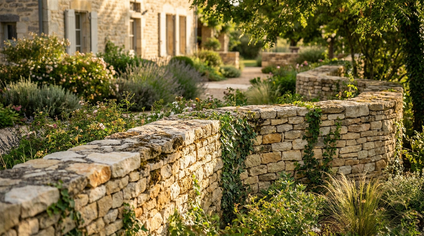 Muret courbe en pierre de Bourgogne naturelle dans un jardin fleuri avec une maison ancienne en arrière-plan.