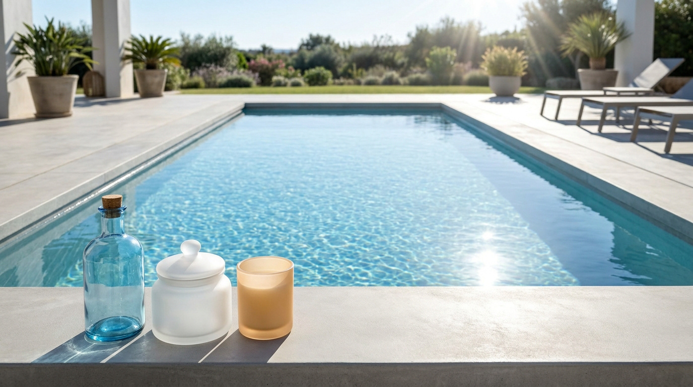 Bord de piscine ensoleillé avec des accessoires de décoration et une eau cristalline en arrière-plan.