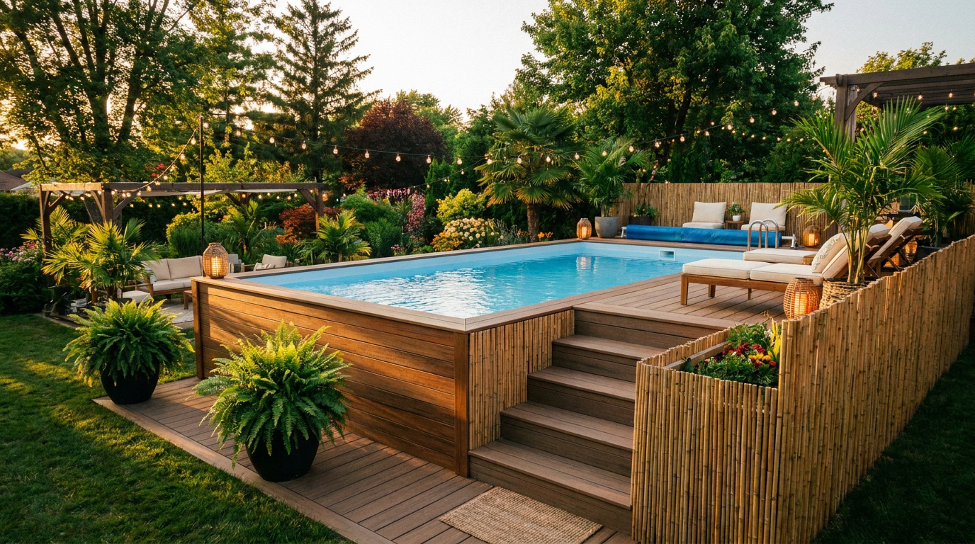Piscine hors-sol en bois avec terrasse, escaliers, chaises longues et éclairage guirlande dans un jardin verdoyant.
