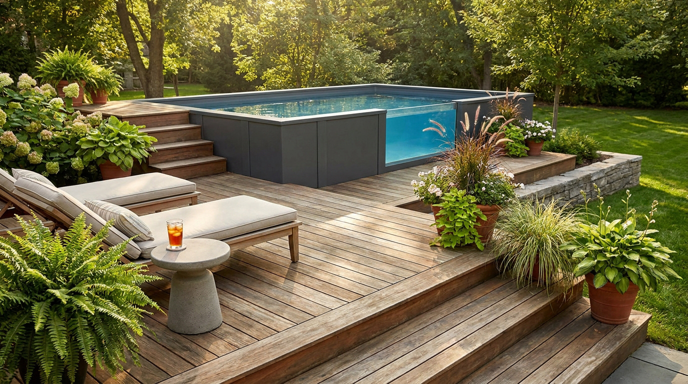 Piscine hors-sol moderne avec paroi en verre, entourée d'une terrasse en bois et de plantes dans un jardin luxuriant.
