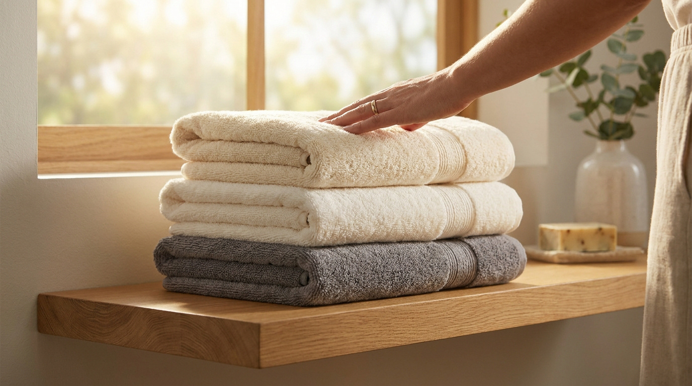 Une main touche une pile de trois serviettes de bain pliées en coton posées sur une étagère en bois près d'une fenêtre.