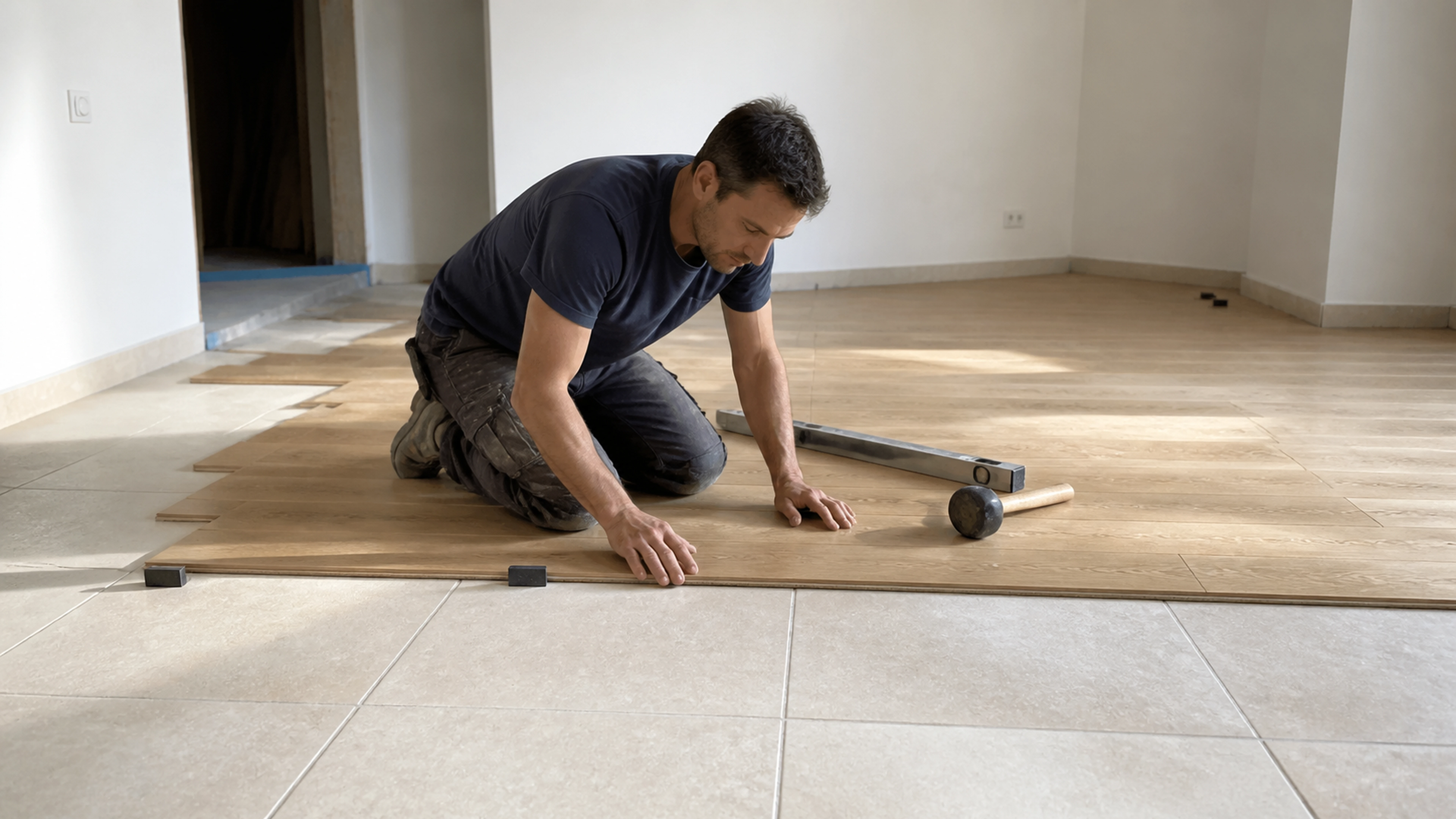 Illustration éditoriale pour l’article « Réussir la pose d'un parquet massif sur du carrelage »